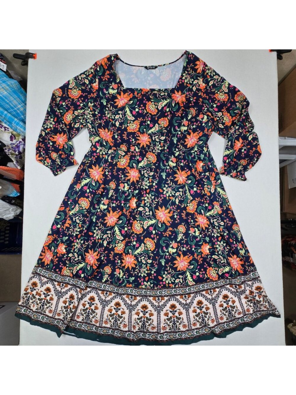 Bloomchic US 26 Long Sleeve Floral Print Midi Swing Dress Navy Cottage Core Boho